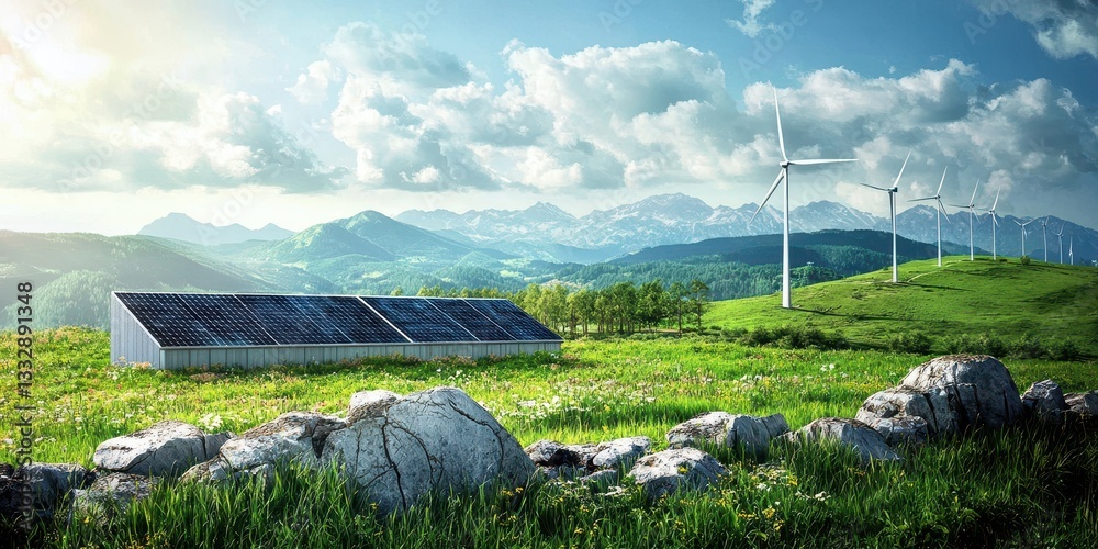 The beauty of sustainable energy: wind and solar under a sunset.