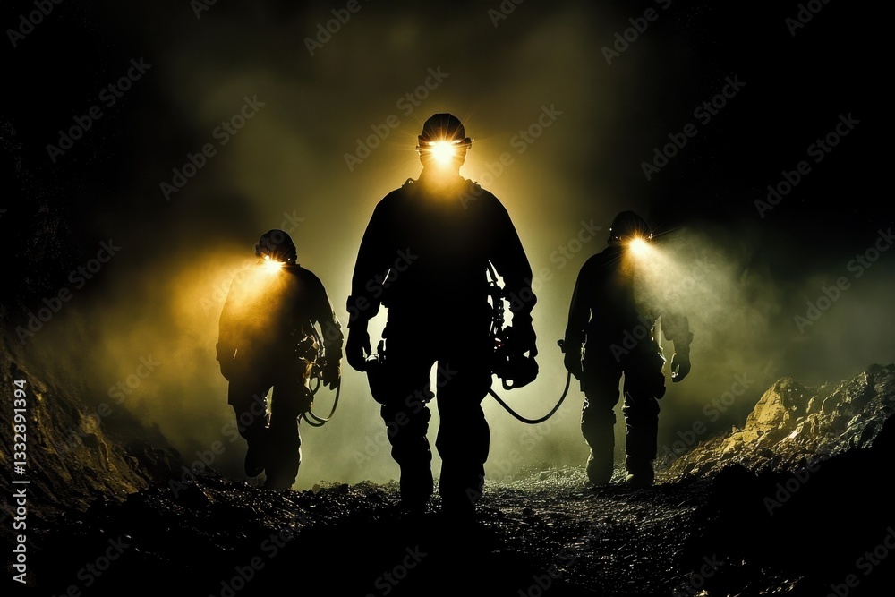 Industry workers preparing to descend into a coal mining site.