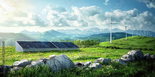 Obraz na płótnie The beauty of sustainable energy: wind and solar under a sunset. w salonie
