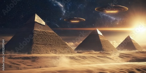 Obraz na płótnie Mysterious encounter: UFOs over Egyptian pyramids w salonie