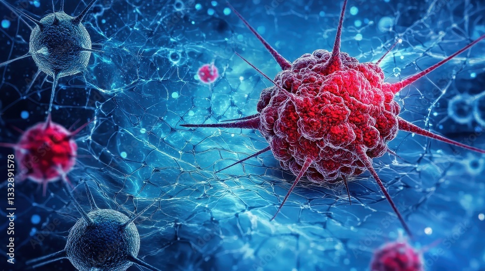Artistic representation of cancer cells in a blue environment.