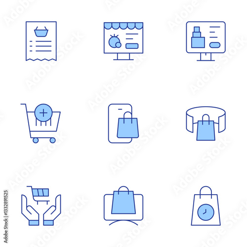 E-commerce icons set. Line Duotone style, editable stroke. consumer protection, shopping list, shopping bag, vape, online shopping, online shop