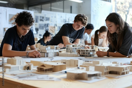 Architecture Students Collaborating on Building Models in a Modern Classroom Setting
