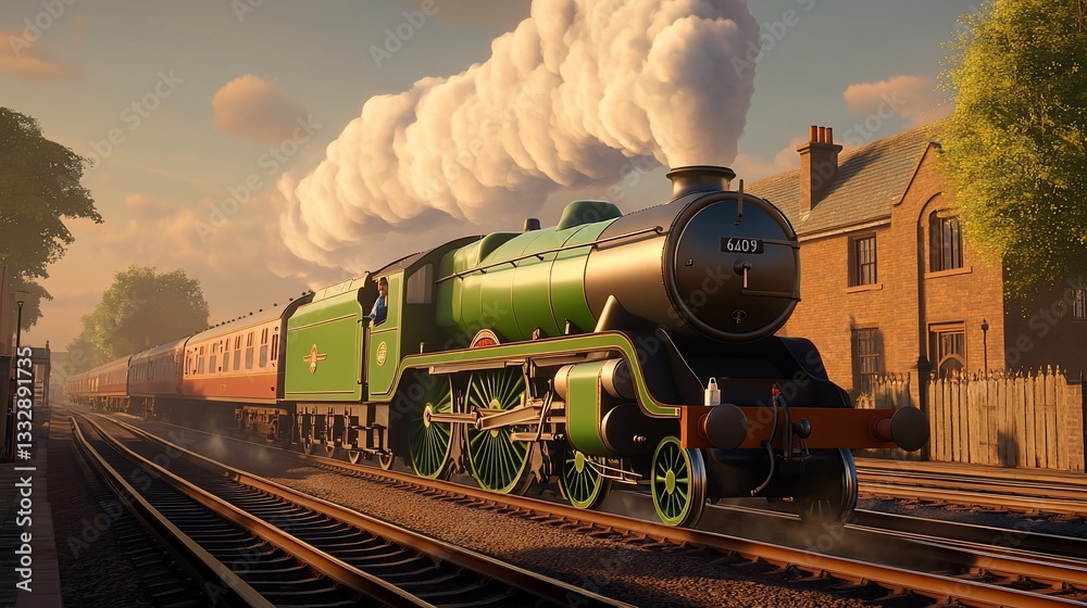 Fototapeta premium Vintage Steam Train at Sunrise Station