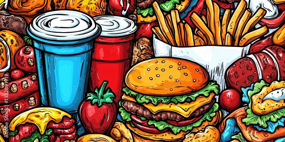 Hand-Drawn Cartoon Doodles of Fast Food