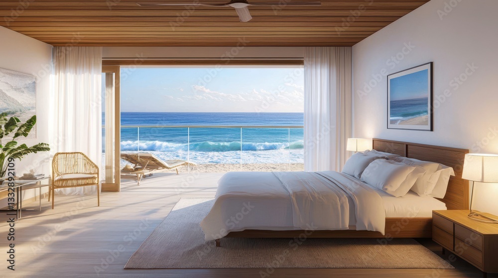 Relax in a serene bedroom with stunning views of the water.