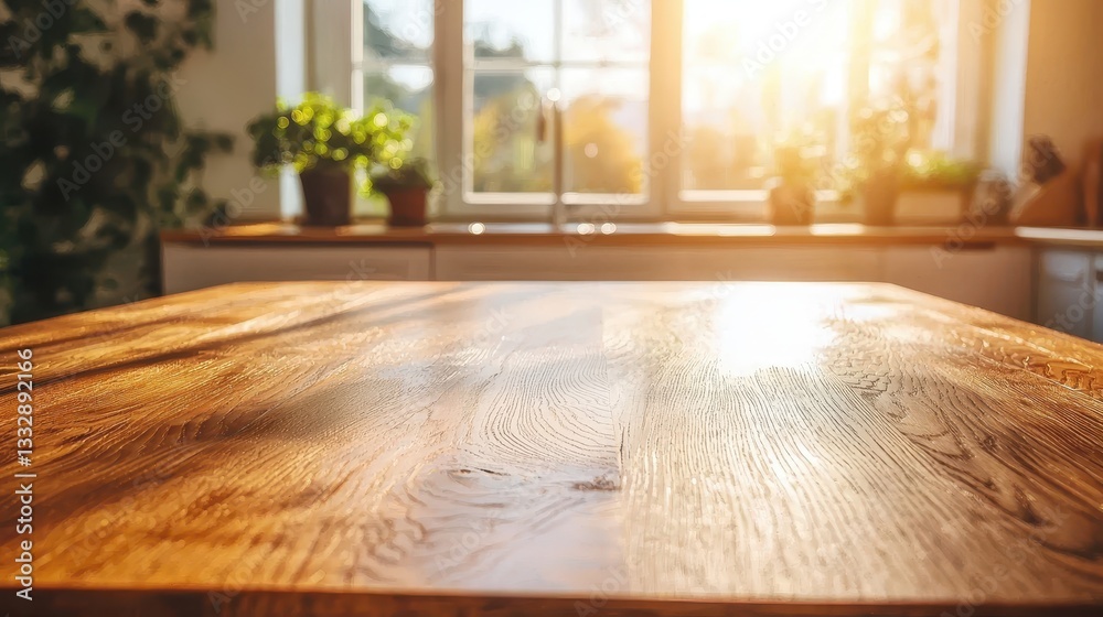 The perfect kitchen setting with a gleaming wooden table illuminated by sunlight.