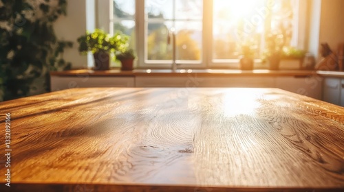 Obraz na płótnie The perfect kitchen setting with a gleaming wooden table illuminated by sunlight. w salonie