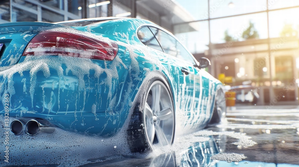 A car is undergoing a thorough manual wash using white soap and foam.