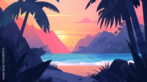 Ocean sunset scenery summer evening with palm tree silhouettes desktop wallpaper