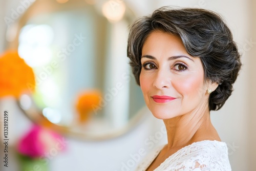An Elegant Mature Woman Posing Gracefully in Front of a Beautifully Decorated Mirror