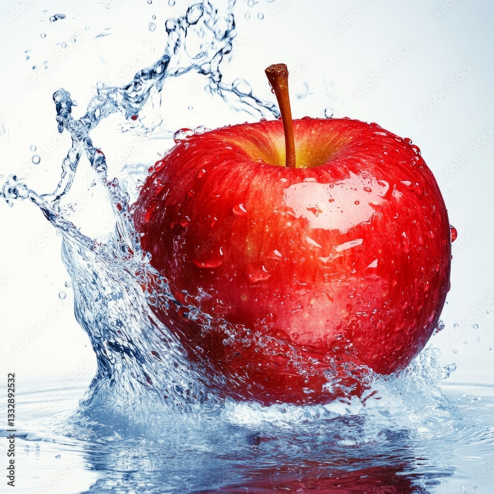 Fresh red apple splashes into water creating dynamic ripples and droplets in bright light