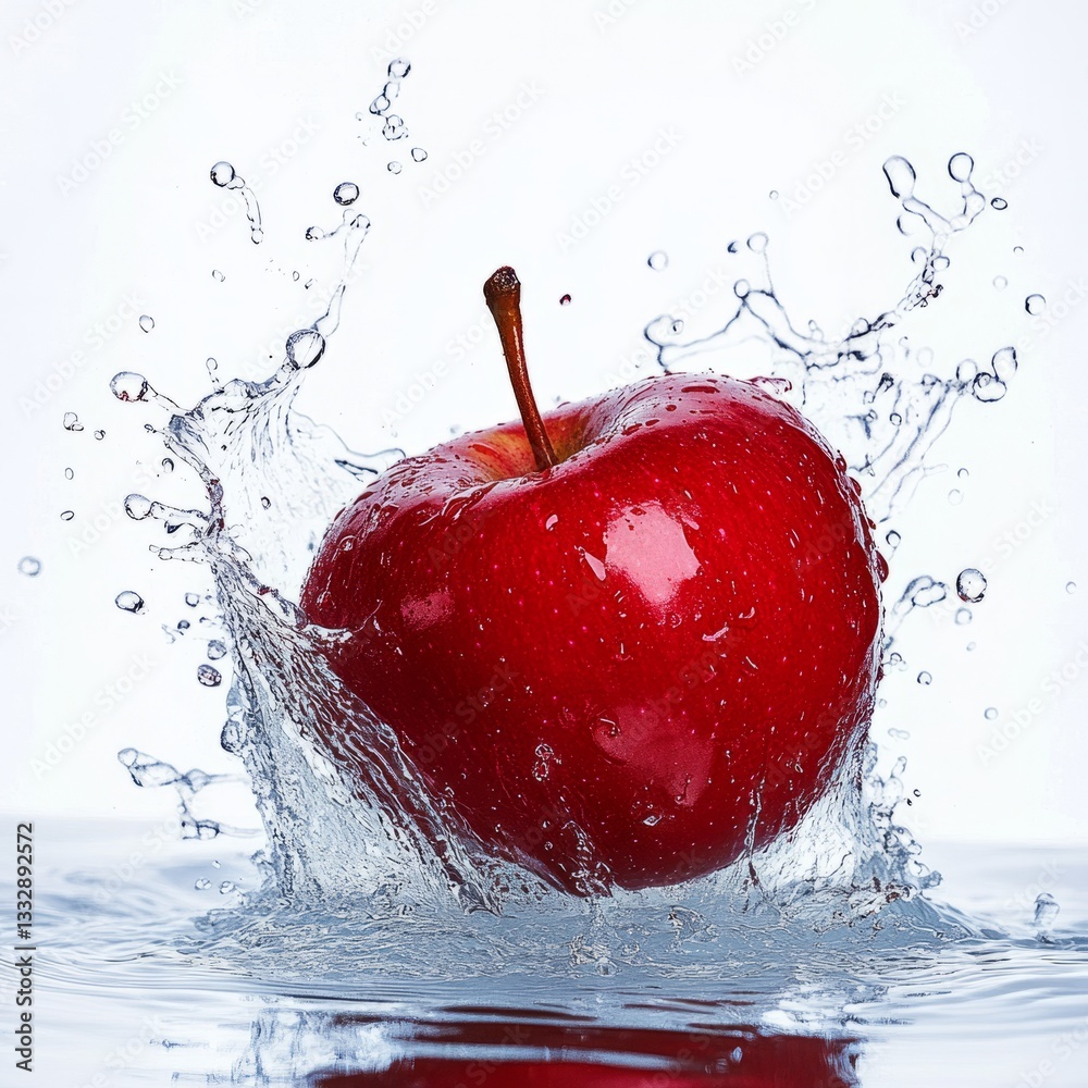 Red apple splashing in clear water with droplets in mid-air captured dynamically