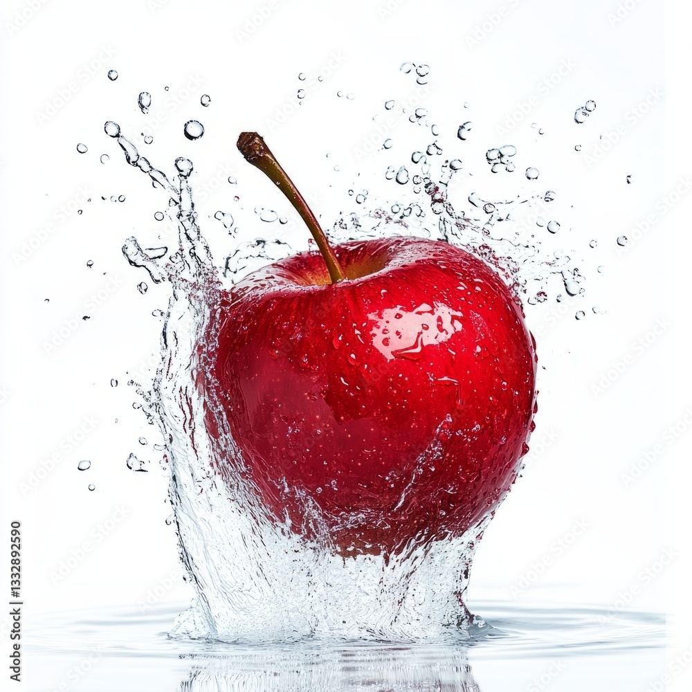 Red apple splashing in clear water creating beautiful droplets in a vibrant display of freshness