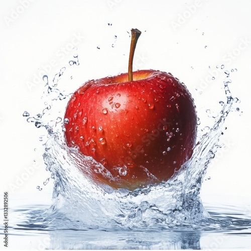 Red apple splashes into water creating vibrant droplets and ripples, capturing a moment of freshness and vitality