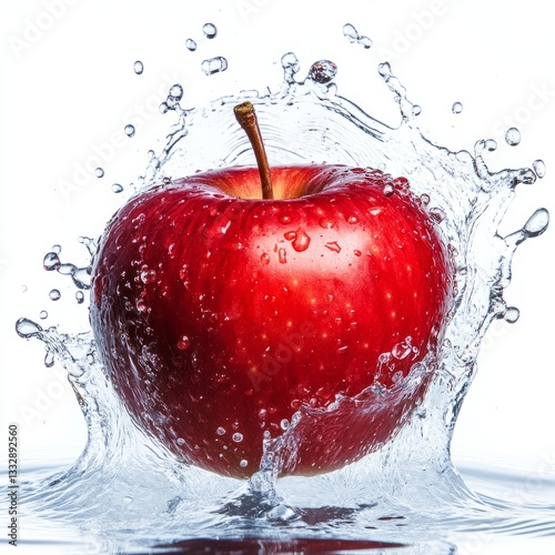 Red apple splashes in clear water creating dynamic droplets and ripples during a vibrant visual display