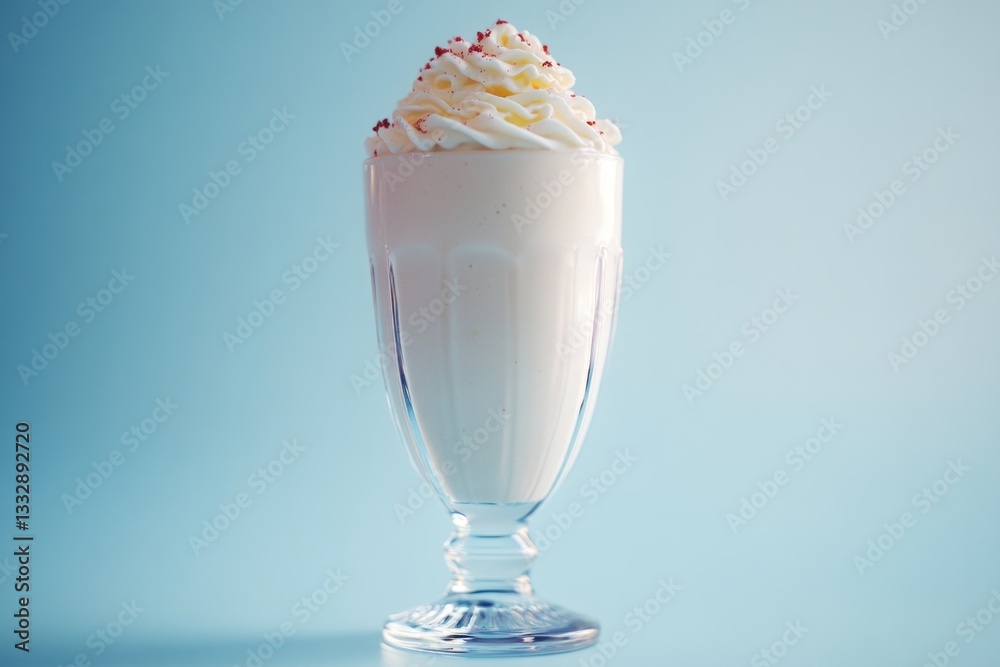 Delicious creamy dessert served in a tall glass with whipped cream and sprinkles in a bright backdrop