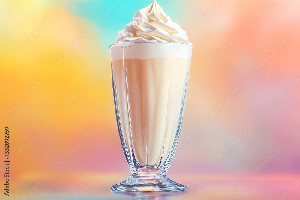 Creamy vanilla milkshake with whipped cream served in a clear glass against a colorful background