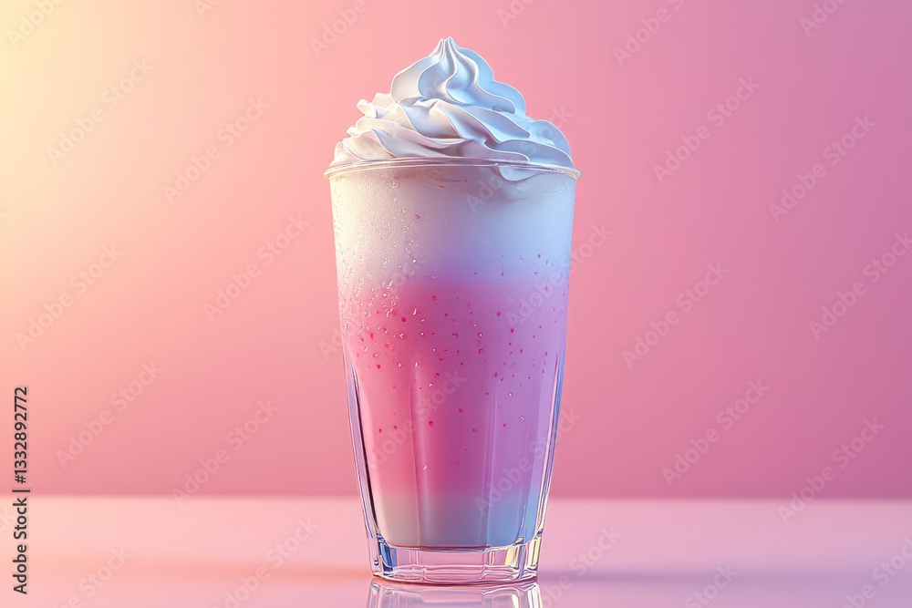 Colorful layered drink topped with whipped cream against a pastel background in a bright setting
