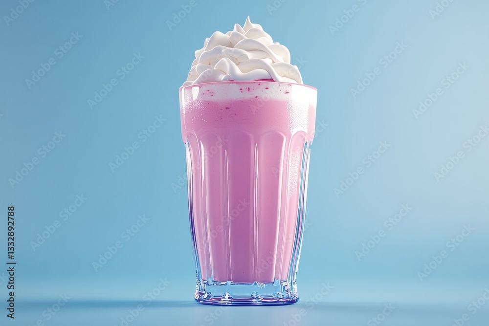 Delicious pink milkshake topped with whipped cream against a light blue background