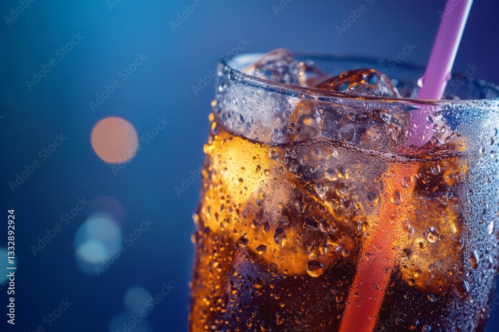 Refreshing cold beverage in a glass with ice cubes and a straw on a vibrant background