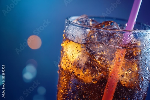 Obraz na płótnie Refreshing cold beverage in a glass with ice cubes and a straw on a vibrant background w salonie