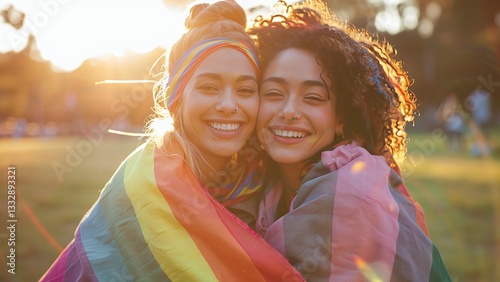 Young Same-Gender Couple Wrapped in Rainbow LGBT Flag: Smiling in Sunlit Park with Vibrant Colors