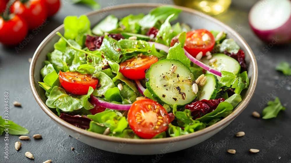 A vibrant and fresh salad bowl filled with a delightful mix of greens and juicy cherry tomatoes, beautifully arranged on a charming rustic kitchen countertop A vibrant and fresh salad bowl filled with a delightful mix of greens and juicy cherry tomatoes, beautifully arranged on a charming rustic kitchen countertop