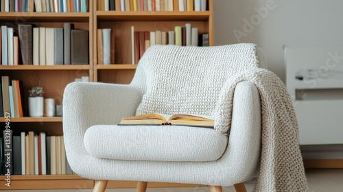 A cozy armchair with a knitted throw and open books, set against a backdrop of a neatly organized bookshelf.