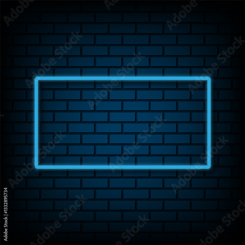 Neon night blue frame on brick wall background. Bright neon light, illuminated rectangle frame. Glowing blue neon tube on dark background. vector illustration