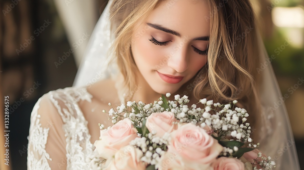 Naklejka premium Bride holding a beautiful bouquet of roses with delicate flowers while wearing an elegant wedding dress and veil indoors