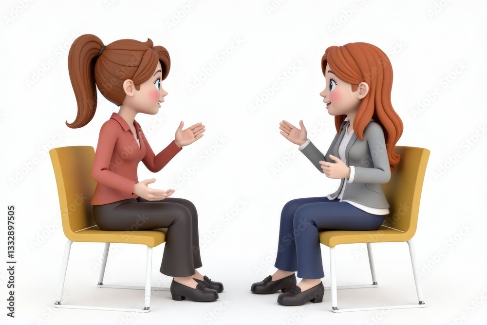 Fototapeta premium 3D cartoon of two women sit facing each other, engaged in conversation or an interview.
