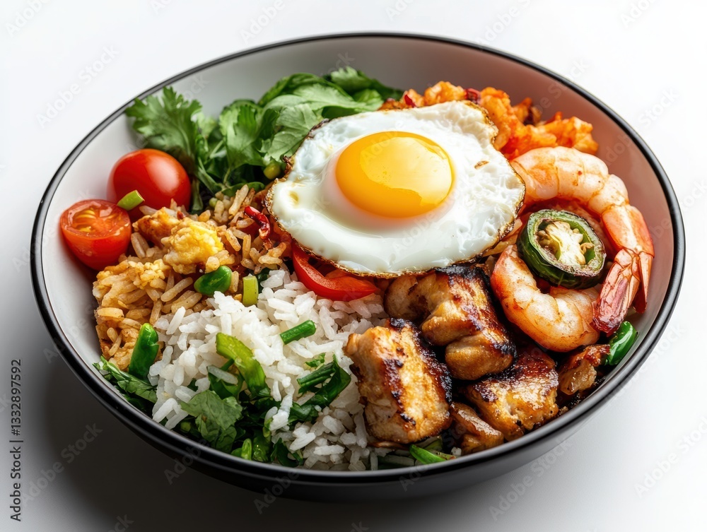 Delightful Bowl of Grilled Shrimp, Chicken, and Vegetables Served With Rice and a Sunny-Side-Up Egg at Lunchtime Generative AI Delightful Bowl of Grilled Shrimp, Chicken, and Vegetables Served With Rice and a Sunny-Side-Up Egg at Lunchtime Generative AI