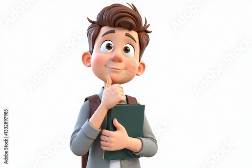 3D Cartoon of male student holds a book, looking thoughtful with a slight smile.
