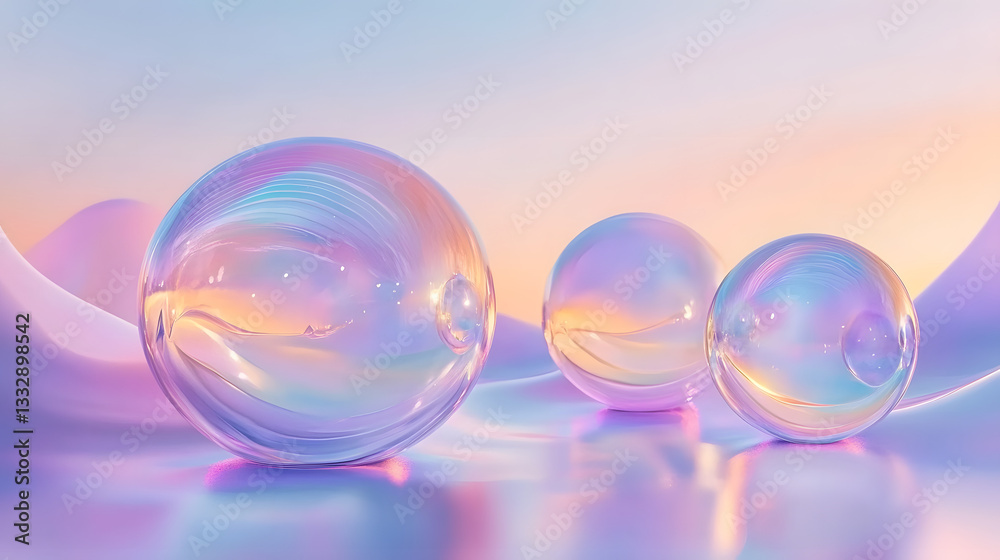 A 3D wallpaper of transparent glass orbs floating in space, refracting gradient pastel colors. Light flows through the glass creating prism effects with soft rainbow hues. The background fades into a A 3D wallpaper of transparent glass orbs floating in space, refracting gradient pastel colors. Light flows through the glass creating prism effects with soft rainbow hues. The background fades into a