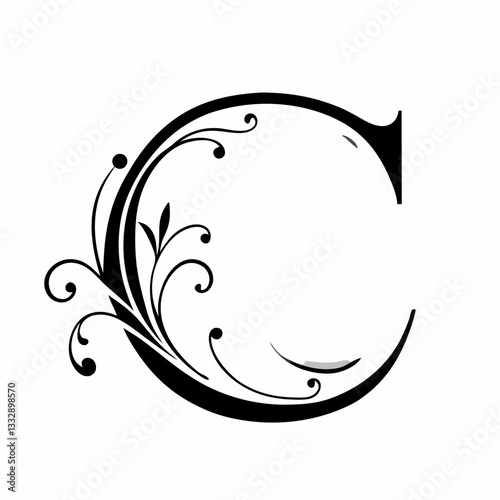 Elegant decorative letter c with floral ornaments and black swirls