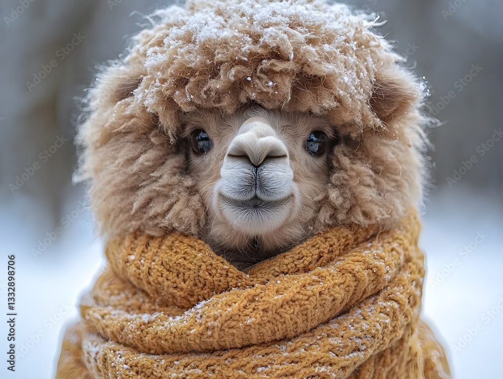Fototapeta premium Irresistibly Cuddly Fluffy Alpaca with Glowing Expression and Cozy Scarf on White Background
