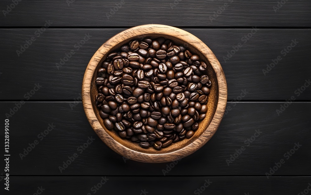 Fototapeta premium Roasted Coffee Beans in Wooden Bowl Top View
