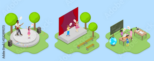 3D Isometric Flat Vector Illustration of Summer Vacation Camps, Hobbies and Performance