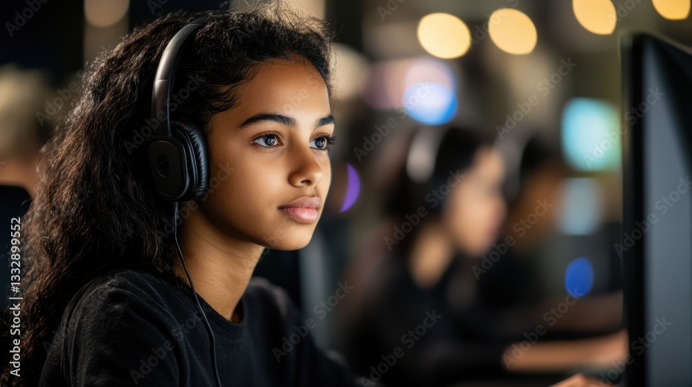 Obraz premium Focused Young Gamer Immersed in Advanced Gaming Environment, Showcasing Determination and Skills During an Online Competition Generative AI