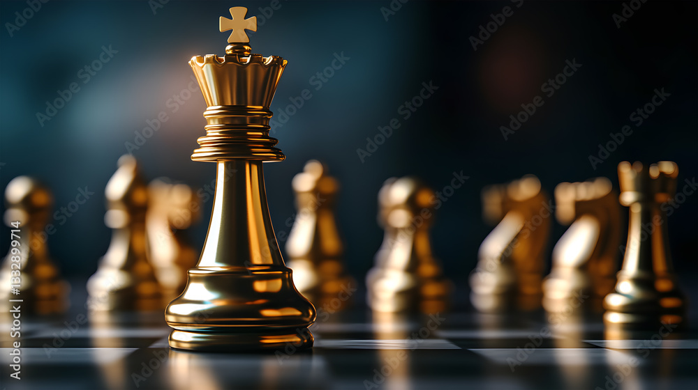 A chess game with a golden king on the board. The king is surrounded by other pieces, including pawns and rooks. Concept of strategy and competition A chess game with a golden king on the board. The king is surrounded by other pieces, including pawns and rooks. Concept of strategy and competition