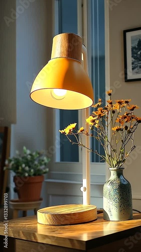 Cozy interior scene featuring a yellow lamp illuminating a vase of flowers