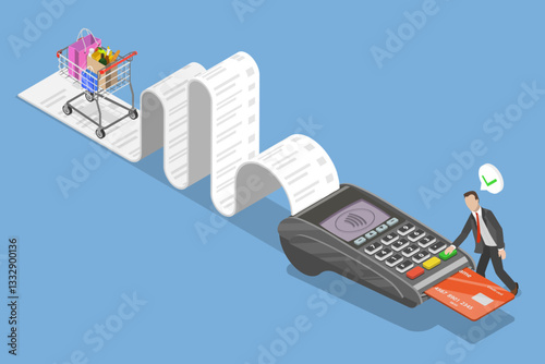 3D Isometric Flat Vector Illustration of Grocery Contactless payment, POS Terminal with NFC Technology