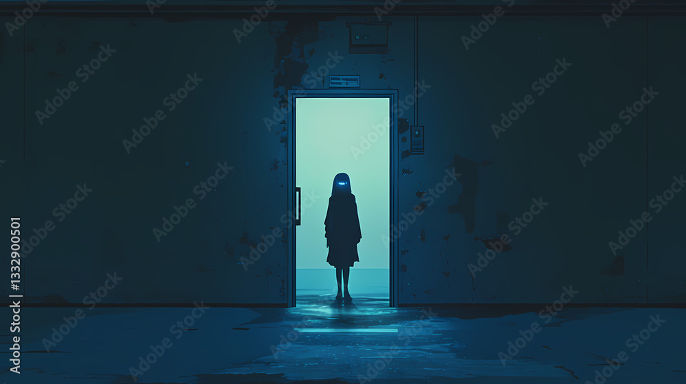 Mysterious figure stands in a dimly lit corridor, illuminated by a glowing doorway, creating an eerie atmosphere Mysterious figure stands in a dimly lit corridor, illuminated by a glowing doorway, creating an eerie atmosphere