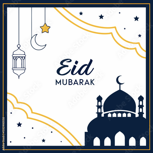 Eid Mubarak wright calligraphic with a simple, elegant mosque outline, softly glowing with warm lights