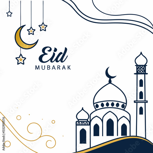 Eid Mubarak wright calligraphic with a simple, elegant mosque outline, softly glowing with warm lights
