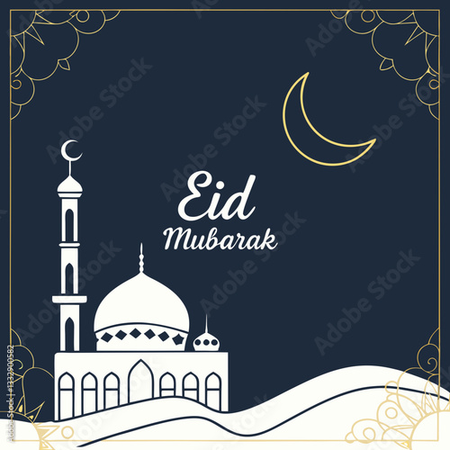 Eid Mubarak wright calligraphic with a simple, elegant mosque outline, softly glowing with warm lights