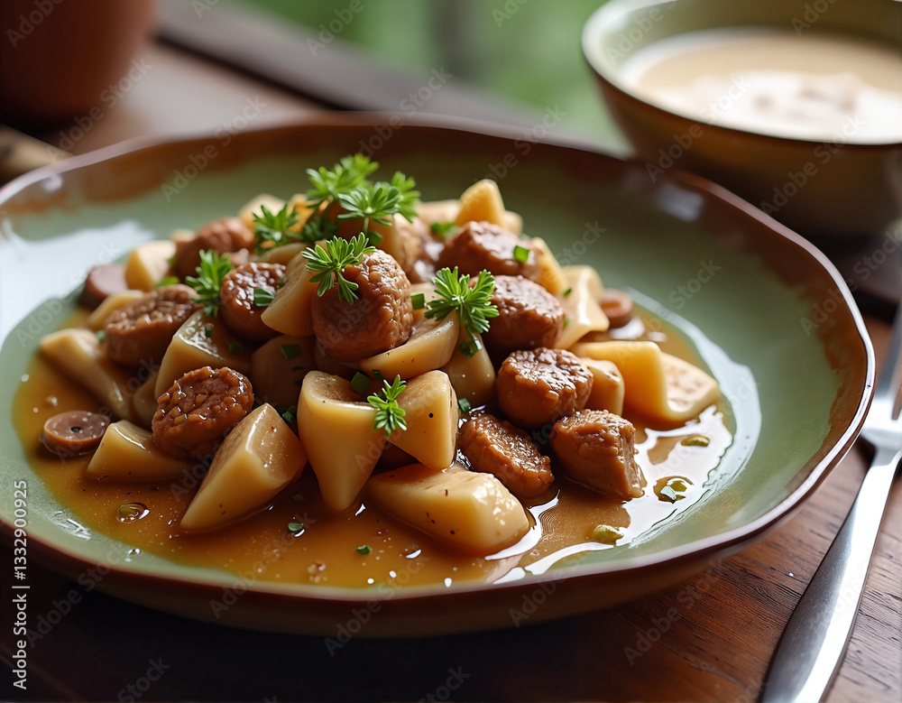 A close-up image of a plate of food with meat and vegetables, garnished with parsley, placed on a wooden table with a blurred background. A close-up image of a plate of food with meat and vegetables, garnished with parsley, placed on a wooden table with a blurred background.