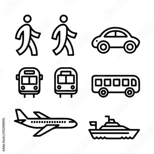 Transport line icons set. Auto, bus, train, ship, plane and on foot. Public, travel and delivery transport icons. Vector illustration.