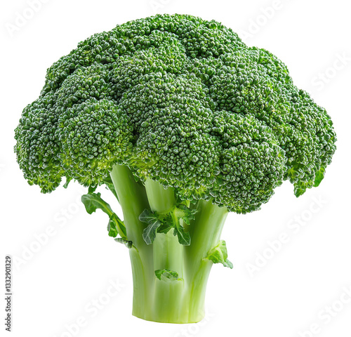 Green broccoli head standing. Vegetable isolated object, transparent png. Healthy food, plant part. Ingredient for cooking, nutrition. Diet food, natural product.